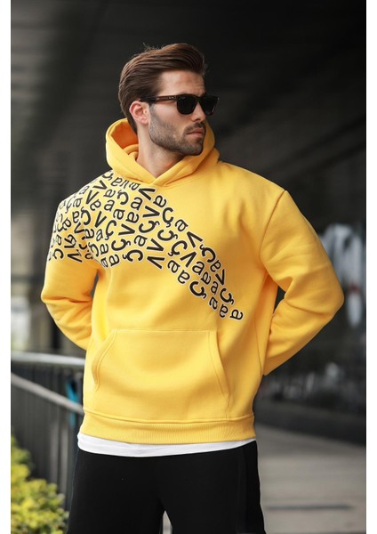 Sarı Baskılı Kapüşonlu Erkek Sweatshirt E7160