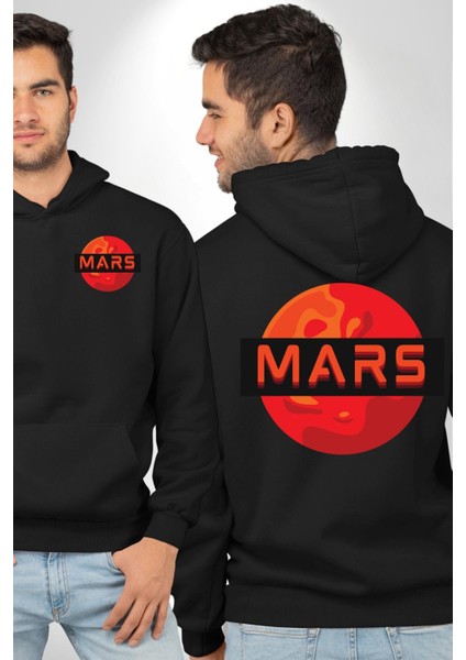 Mars Gezegen Erkek Kadın Siyah Ön Sırt Baskılı Kapüşonlu Sweatshirt Hoodie