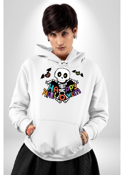 Halloween Skeleton Eğlenceli Cadılar Bayramı Erkek Kadın Beyaz Dijital Baskılı Kapüşonlu Sweatshirt Hoodie