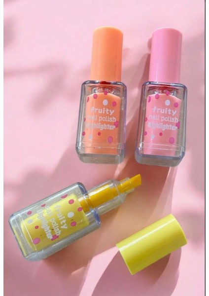 Oje Şeklinde Pembe Sarı Turuncu Renkli Üç Adet Fosforlu Keçeli Kalem Seti