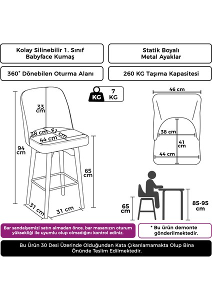 Evax Serisi 1 Adet Gri Bar Sandalyesi 360°C Döner Bar Sandalyesi Babyface Kumaş Siyah Metal Ayaklı modelleri