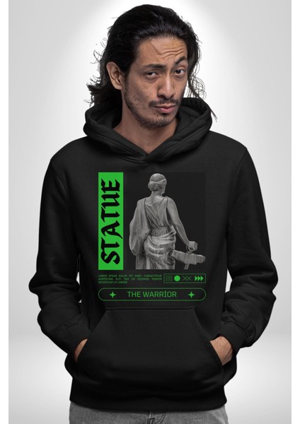 Sokak Sitili Heykel Kadın Savaşcı Erkek Kadın Siyah Dijital Baskılı Kapüşonlu Sweatshirt Hoodie
