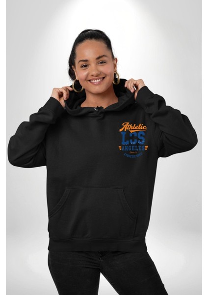 Atletic Los Angeles Erkek Kadın Siyah Ön Sırt Baskılı Kapüşonlu Sweatshirt Hoodie indirimleri