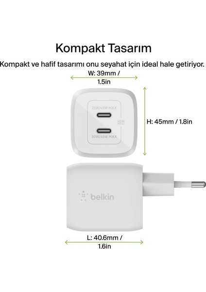 45 W Usb-C Şarj Cihazı, 2 Bağlantı Noktalı, Power Delivery 3.0 ve Gan Teknolojisi ile Iphone indirimleri