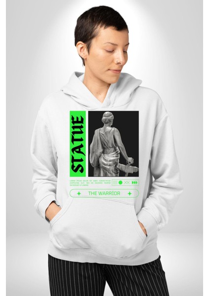 Sokak Sitili Heykel Kadın Savaşcı Erkek Kadın Beyaz Dijital Baskılı Kapüşonlu Sweatshirt Hoodie