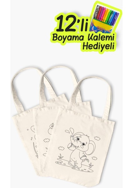 Çınar Ham Bez Çanta 10'lu Şirin Hayvan Desenli Boyama Seti 18x25x6 cm Krem 12'li Boya Kalemi modelleri