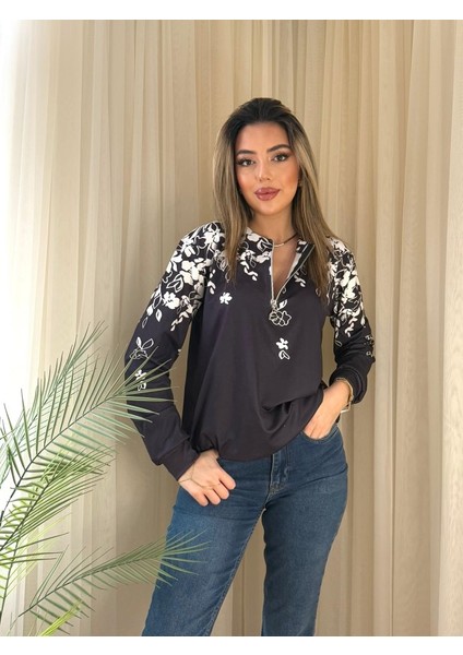 Kadın Uzun Kollu Önden Fermuarlı Çiçek Desenli Şardonlu Dalgıç Bluz modelleri