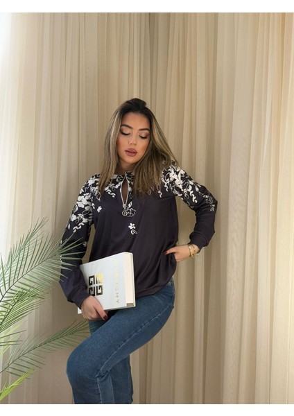 Kadın Uzun Kollu Önden Fermuarlı Çiçek Desenli Şardonlu Dalgıç Bluz fırsatları