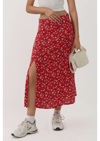 Kadın Çiçek Desenli Yüksek Bel Midi Etek Multicolor