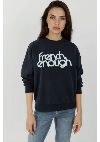 Kadın Baskılı Yuvarlak Yaka Uzun Kollu Sweatshirt Lacivert