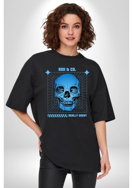 Sokak Sitili Kurukafa Grafik Baskılı Pamuklu Penye Kadın Erkek Siyah Tişört