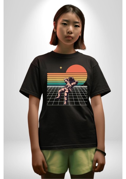 Uzay Adamı Tasarımı Grafik Baskılı Pamuklu Penye Kadın Erkek Siyah Tişört