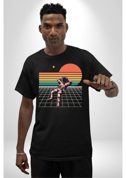 Uzay Adamı Tasarımı Grafik Baskılı Pamuklu Penye Kadın Erkek Siyah Tişört fiyatları