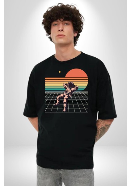 Uzay Adamı Tasarımı Grafik Baskılı Pamuklu Penye Kadın Erkek Siyah Tişört fırsatları