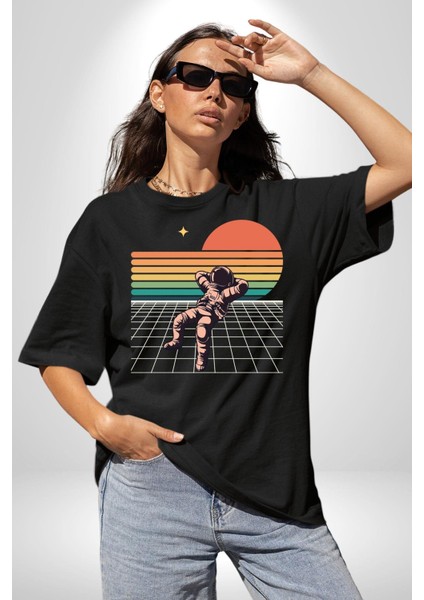 Uzay Adamı Tasarımı Grafik Baskılı Pamuklu Penye Kadın Erkek Siyah Tişört indirimleri