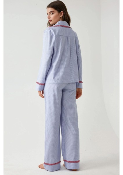 Kadın Gömlek Yaka Pamuklu Kareli Pijama Takımı Blue modelleri