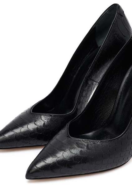 Kadın Siyah Desenli Yüksek Ince Topuklu Deri Stiletto 25AFD121040
