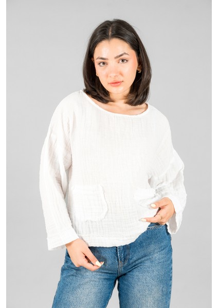 Müslin Kadın Cep Detaylı Uzun Kol Bluz