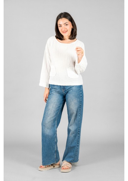 Müslin Kadın Cep Detaylı Uzun Kol Bluz fırsatları