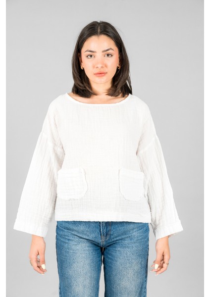 Müslin Kadın Cep Detaylı Uzun Kol Bluz
