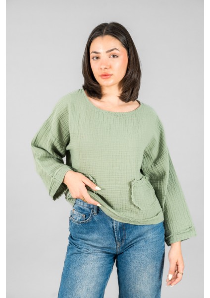 Müslin Kadın Cep Detaylı Uzun Kol Bluz