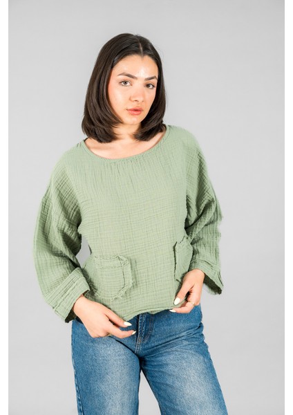 Müslin Kadın Cep Detaylı Uzun Kol Bluz fiyatları