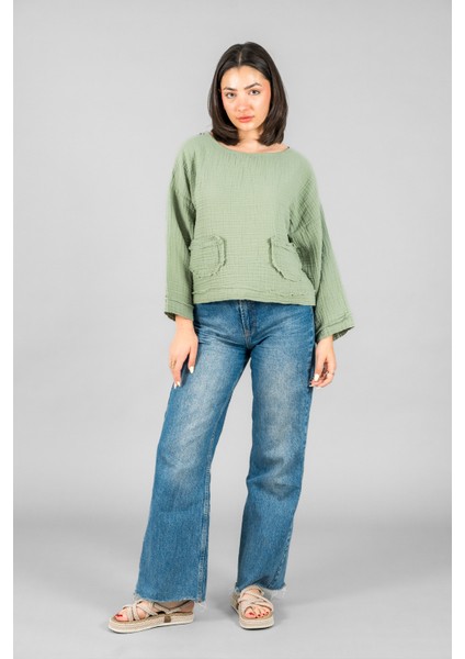 Müslin Kadın Cep Detaylı Uzun Kol Bluz modelleri