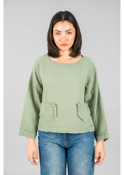 Müslin Kadın Cep Detaylı Uzun Kol Bluz fırsatları