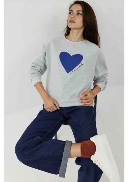Kadın Baskılı Yuvarlak Yaka Sweatshirt Grey fırsatları