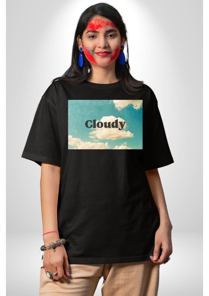 Pisikolojim Bulutlu Grafik Baskılı Pamuklu Penye Kadın Erkek Siyah Tişört