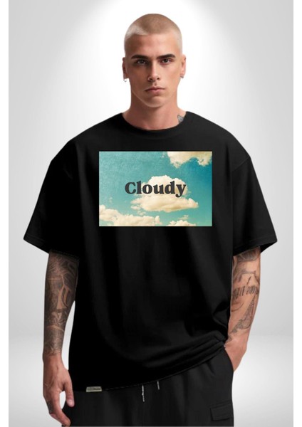 Pisikolojim Bulutlu Grafik Baskılı Pamuklu Penye Kadın Erkek Siyah Tişört fiyatları