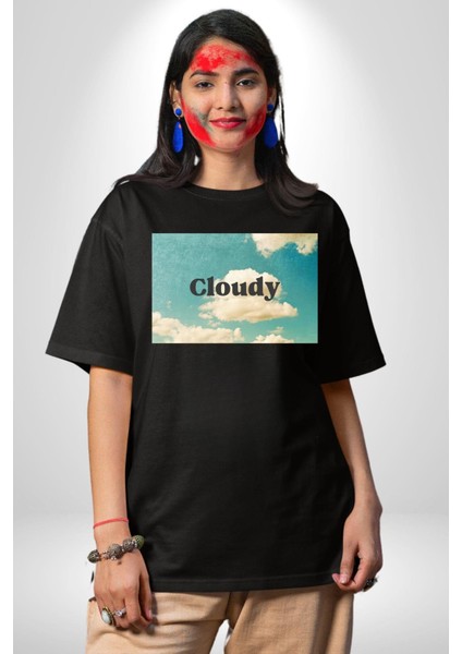 Pisikolojim Bulutlu Grafik Baskılı Pamuklu Penye Kadın Erkek Siyah Tişört modelleri