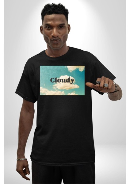 Pisikolojim Bulutlu Grafik Baskılı Pamuklu Penye Kadın Erkek Siyah Tişört indirimleri