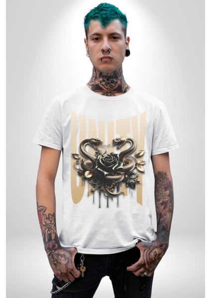 Yapay Zeka Gül Yılan Altın Beyaz Gül 3D Grafik Baskılı Pamuklu Penye Kadın Erkek Beyaz Tişört