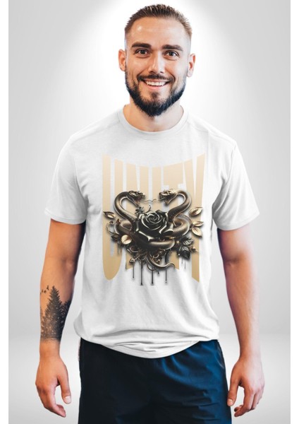 Yapay Zeka Gül Yılan Altın Beyaz Gül 3D Grafik Baskılı Pamuklu Penye Kadın Erkek Beyaz Tişört fiyatları