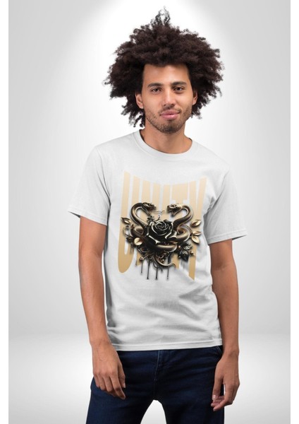 Yapay Zeka Gül Yılan Altın Beyaz Gül 3D Grafik Baskılı Pamuklu Penye Kadın Erkek Beyaz Tişört modelleri