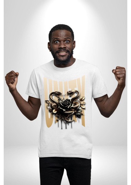 Yapay Zeka Gül Yılan Altın Beyaz Gül 3D Grafik Baskılı Pamuklu Penye Kadın Erkek Beyaz Tişört fırsatları