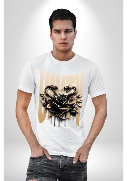 Yapay Zeka Gül Yılan Altın Beyaz Gül 3D Grafik Baskılı Pamuklu Penye Kadın Erkek Beyaz Tişört indirimleri