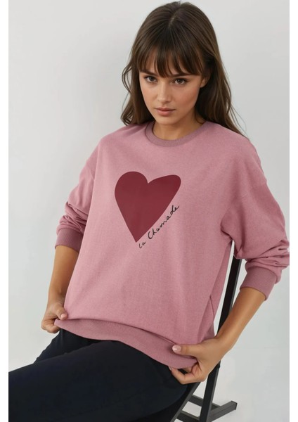 Kadın Baskılı Yuvarlak Yaka Sweatshirt Tozlu Gül Pembesi