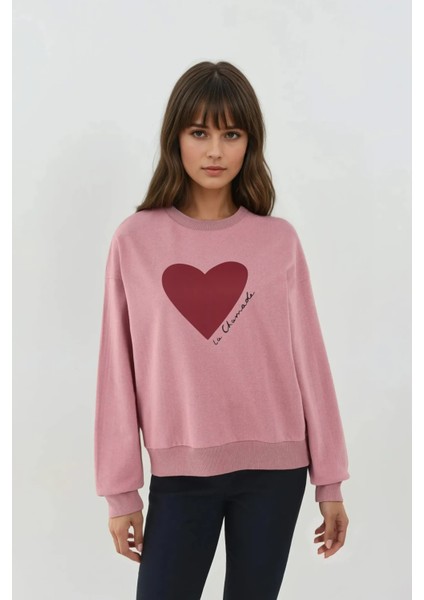 Kadın Baskılı Yuvarlak Yaka Sweatshirt Tozlu Gül Pembesi fiyatları