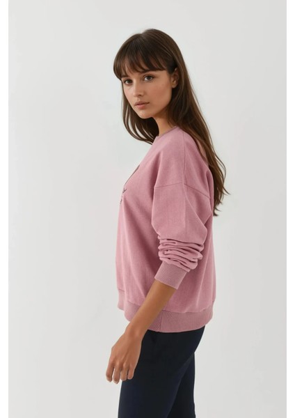 Kadın Baskılı Yuvarlak Yaka Sweatshirt Tozlu Gül Pembesi modelleri