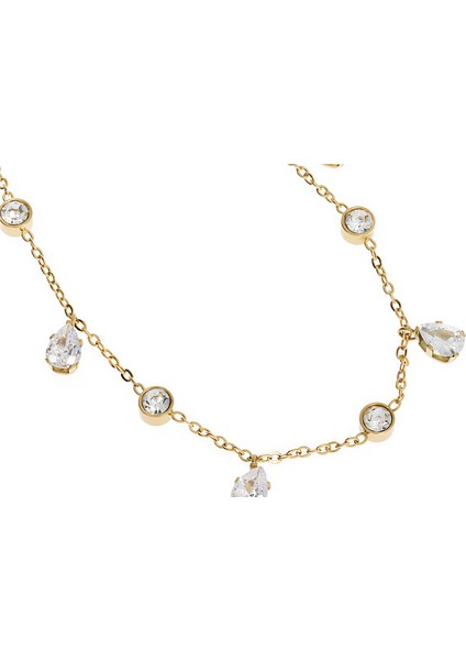 Kadın Sıralı Damla ve Yuvarlak Taş Detay Gold Renk Çelik Halhal