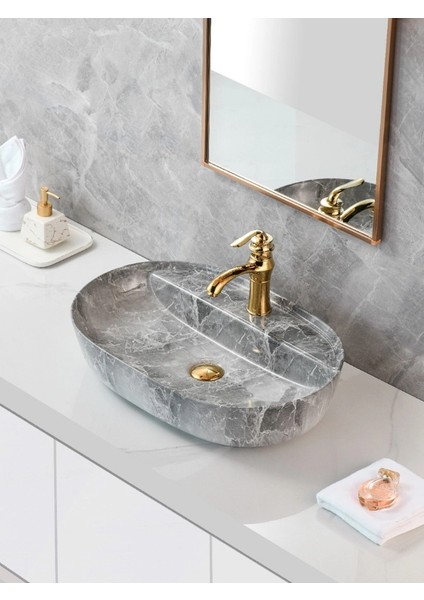 Mermer Desenli Tezgah Üstü Seramik Çanak Lavabo Banyo Lavabosu