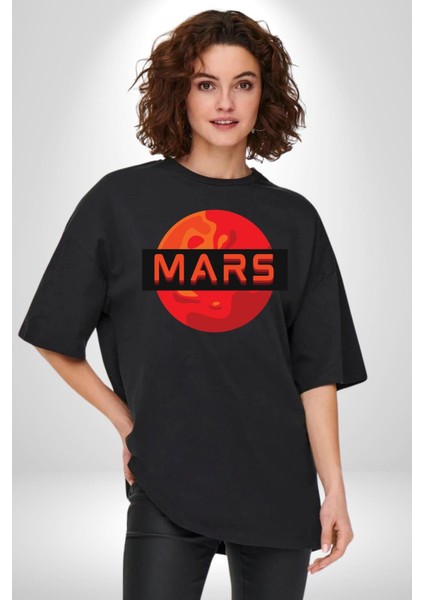 Mars Gezegen Grafik Baskılı Pamuklu Penye Kadın Erkek Siyah Tişört fiyatları