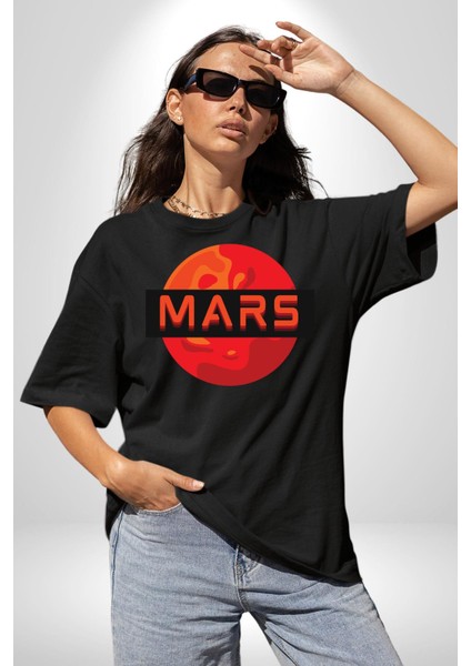 Mars Gezegen Grafik Baskılı Pamuklu Penye Kadın Erkek Siyah Tişört fırsatları