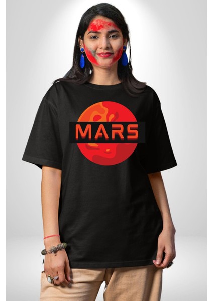 Mars Gezegen Grafik Baskılı Pamuklu Penye Kadın Erkek Siyah Tişört indirimleri