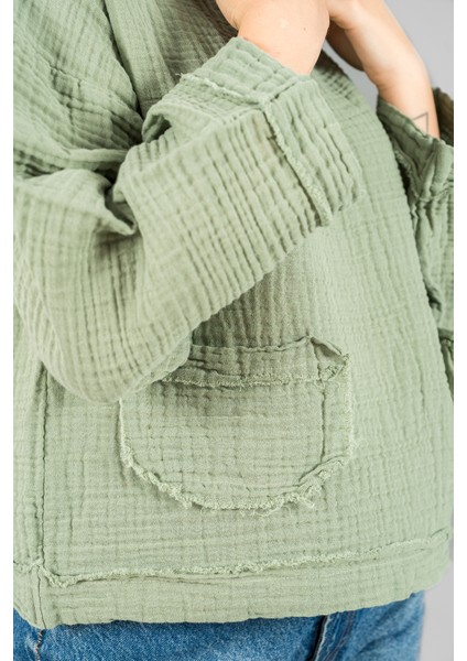 Müslin Kadın Cep Detaylı Uzun Kol Bluz