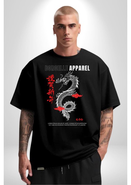 Çin Sitili Ejderha Bereket Tanrısı Grafik Baskılı Pamuklu Penye Kadın Erkek Siyah Tişört fiyatları