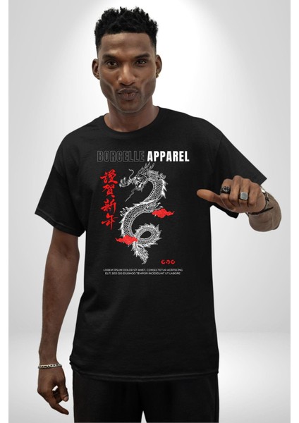 Çin Sitili Ejderha Bereket Tanrısı Grafik Baskılı Pamuklu Penye Kadın Erkek Siyah Tişört indirimleri