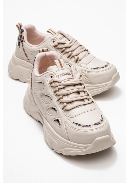 Yan Halka Desenli Kadın Spor Ayakkabı Bej Leopar